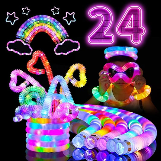24 PCS LED Pop Tubes, Light Up Glow Tubes Glow in the Dark Party Supplies, Glow Sticks Sensory Toys Birthday Glow Party Favors for kids, Light Up Toys(24 PCS)
