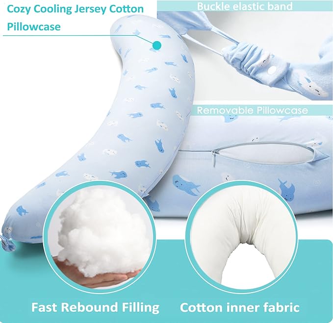 BYRIVER Firm C Shaped Body Pillow for Side Sleeping Women Men, Cooling Pregnancy Pillows for Sleeping, Washable Jersey Cotton Cover, Gifts for New Mom Women (Baby Shark)
