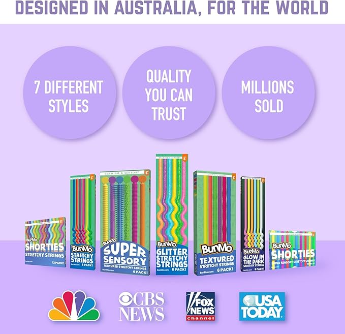 BUNMO Stretchy Strings - Sensory Toys for Toddlers - Stimulating & Addictive Sensory Toys for Kids - Fidget Toy - Hours of Fun for Kids - Non-Mouthable Toy 3+ - Glitter 6 Pack