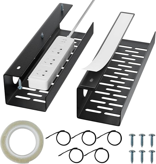 Self-Adhesive Under Desk Cable Management Tray 2 Pcs Steel Under Desk Wires Organizer Power Strip Management No Drill Under Table Organizer for Cable Storage Holder for Office Home Table