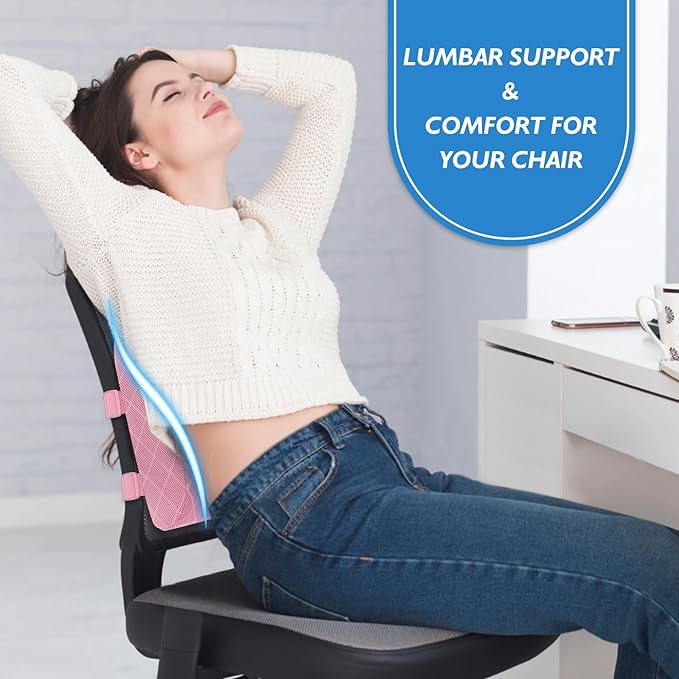 Lumbar Support Pillow for Office Chair Back Support Lumbar Pillow for Car, Gaming, Office Chair - Improve Sitting Posture & Back Pain Relief, Memory Foam, Adjustable Straps, Pink