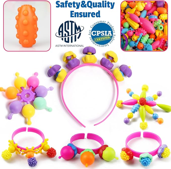 FUNZBO 520+ Snap Pop Beads - Beads for Bracelets Jewelry Making Kit, Arts and Crafts Supplies for Kids, Toys for Girls Age 3 4 5 6 7 8 Years Old Birthday Easter Holiday Valentine Gift