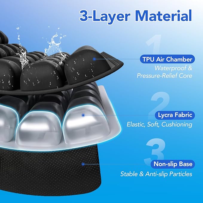 Inflatable Seat Cushion, 34 Air Cell Travel Seat with Upgraded Air Nozzle for Hemorrhoid and Tailbone Pain Relief, Portable Airplane Seat Cushion for Car, Office Chairs & Home Living