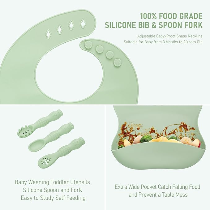 Baby Weaning Set, Silicone Baby Feeding Set(10 Pcs), Toddler Weaning Set with Adjustable Bib, Suction Bowl, Plate, Fork, Spoon, Water & Snack Cup Kit, Baby Led Weaning Kit for Babies and Kids
