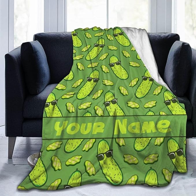 Custom Pickle Blanket with Name for Women Men, Personalized Cute Pickle Themed Design Printed Throw Blankets for Teens Adults Lap, Chair Sofa, Giftable Blanket, 50"x 60"