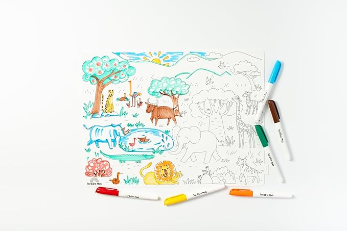 Scribble Mat Reuseable Silicone Coloring Mat for Toddlers and Kids - Educational Animal Activity Pad with 6 Markers - Mess Free Travel Toy - Going on Safari (Going on Safari)