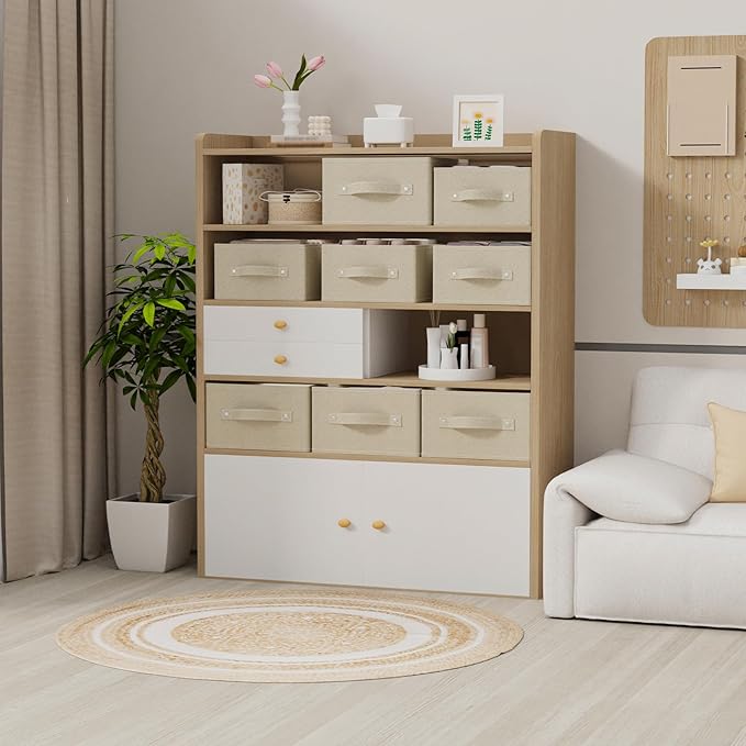 Collapsible Closet Organizer, Storage Bins, Fabric Cube Baskets for Organizing Home and Office, Grey and Beige, 3 Pack, 13.0x9.0x5.5in