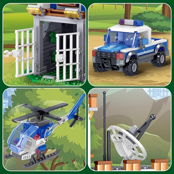 MindBox City Police Station Building Set, 819pcs STEM Toy with Helicopter Airplane,Police Car, Radar,Police Station, Building Set for 6-12 Boys (Compatible with Lego Set), MY117, Green