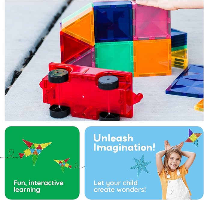 PicassoTiles 2 Piece Car Truck Construction Kit Toy Set Vehicle for Magnetic Blocks Building Tile Sensory Magnet Toys with Re-Enforced Hitch & Long Bed Educational Puzzle Girls Boys Toddlers Ages 3+