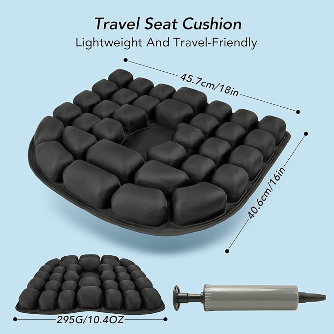 Travel Seat Cushion, 3D Air Inflatable Pressure Relief Cushion for Hemorrhoid and Tailbone Pain Relief, Optimal Support for Long Sitting in Car, Air Travel, Office Chairs, Home Living