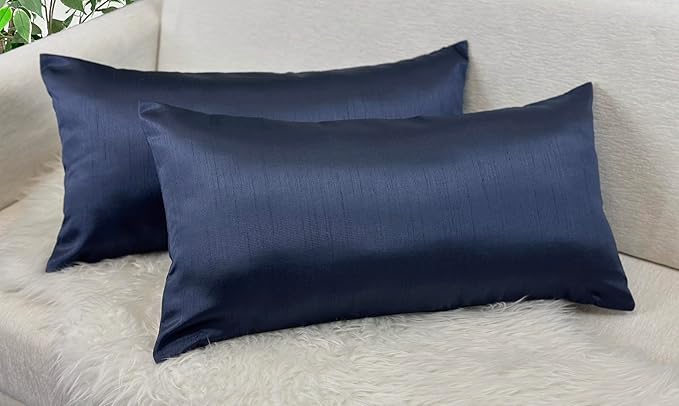 Aiking Home 12x24 Inches Faux Silk Rectangular Throw Pillow Cover, Zipper Closure, Navy (Set of 2)