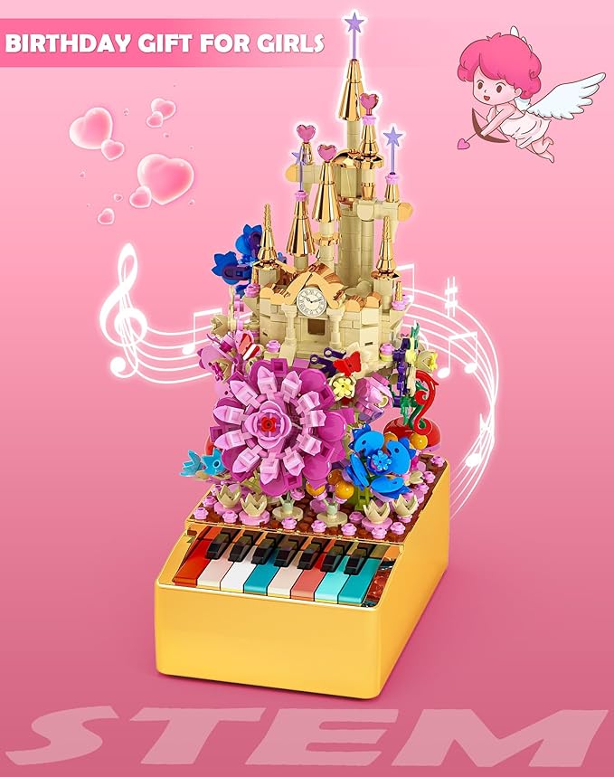 Flowers Castle Building Sets with Piano Keyboard for Kids and Adults, 771PCS Light Up Botanical Building Blocks Musical STEM Toys, Carnival Birthday Gifts for Girls and Boys Aged 6-12+