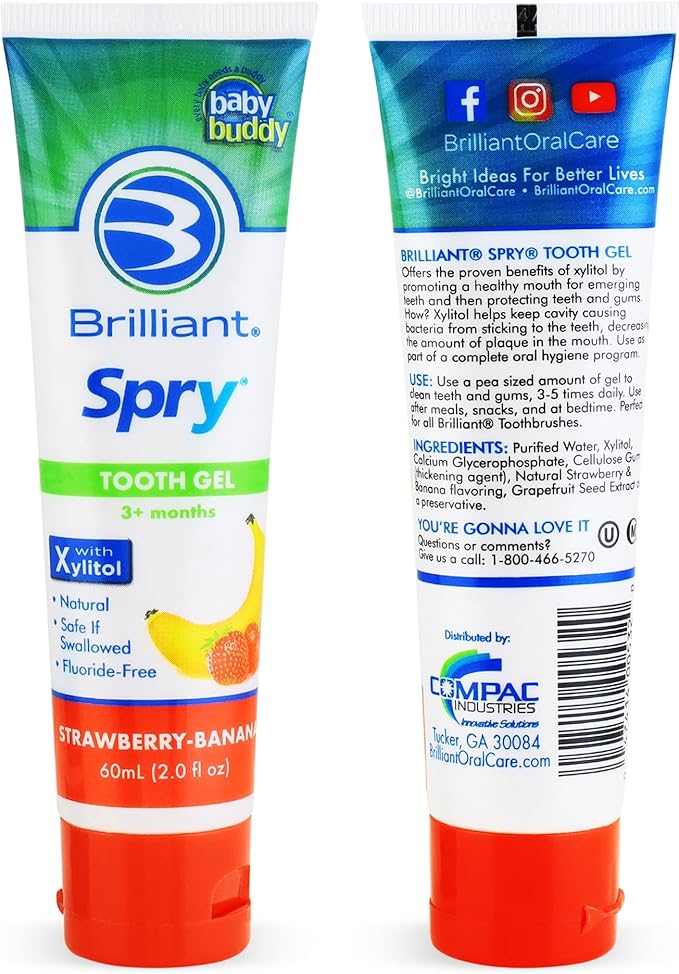 Brilliant Oral Care Kids Fluoride Free Toothpaste, Spry Gel with Xylitol, Strawberry Banana Flavor for Ages 3+ Months, 2 fl oz, 1 Pack