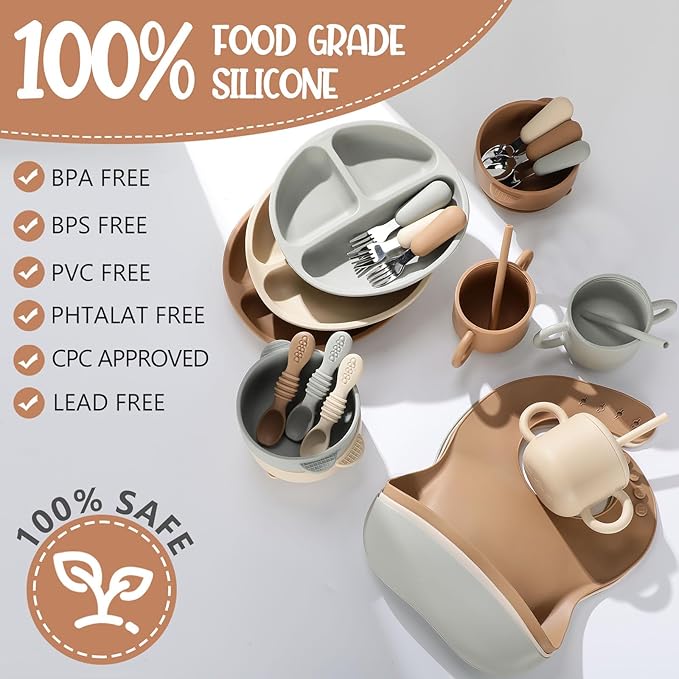 24 Pack Silicone Baby Feeding Set Baby LED Weaning Supplies Includes Suction Divided Plates Soft Bowl Spoons Forks Adjustable Bib Snack Cup and Straws(Walnut Color, Beige, Smoky Gray)