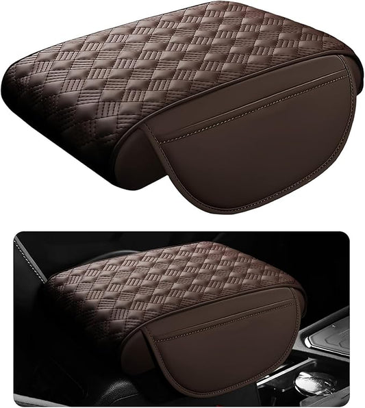 Hbxdeco Car Armrest Cushion, 12.2"×8.3" Leather Auto Memory Foam Center Console Pad with Storage Pocket, Waterproof & Anti-Scratch Elbow Pillow Armrest Seat Box Protector, Universal Fit (Coffee)
