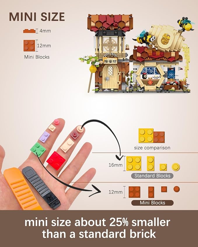 City Street View Honey Workshop Building Blocks Set, MOC Creative Bee Model Theme House, Simulation Architecture Construction Toy, Gifts Idea for Kids Adults (Mini Blocks 1242 pcs)