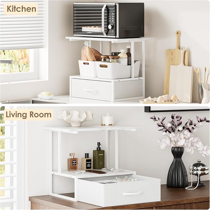 Masupu Printer Stand for Desk, Printer Table with Fabric Storage Drawer, 2 Tier Desktop Shelf, Multi-Purpose Desk Organizer for Home Office, 3D Printer, Fax Machine, Scanner, Marble White