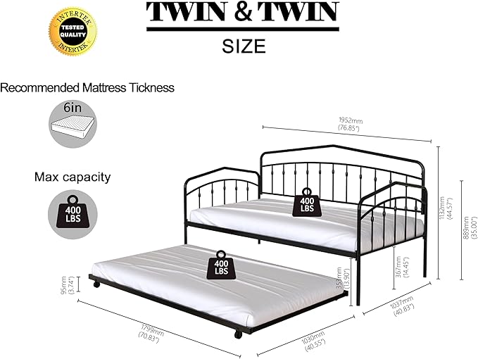 Christopher Knight Home Fox Twin Daybed with Trundle, Metal Sofa Bed Set, Rollaway Daybed Couch Bed Frame for Bedroom Living Room Guest Room, Elegant and Simple Style, Anti-Noise, Easy Assembly, Black