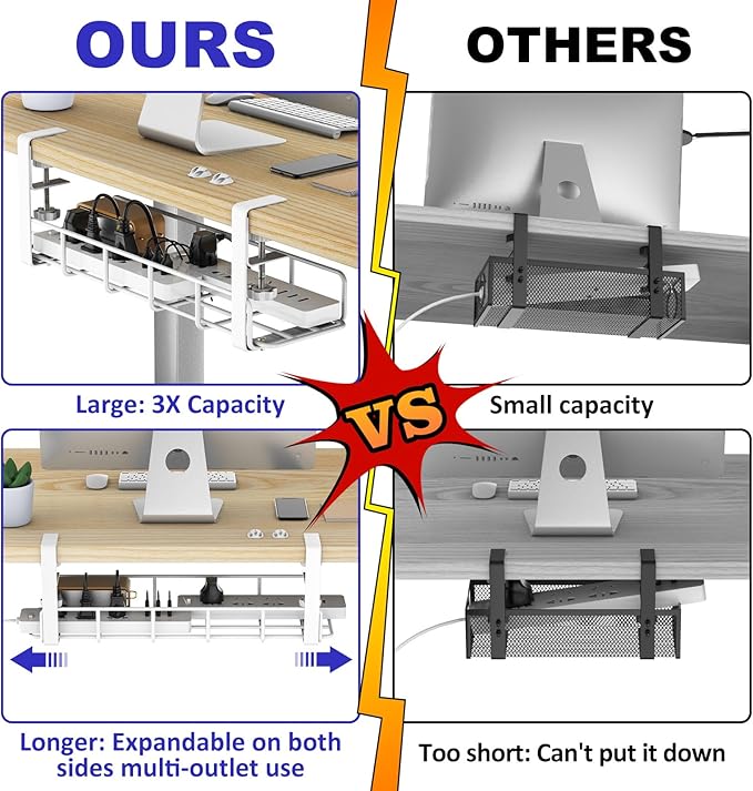 15.7” Under Desk Cable Management Tray, No Drill Steel Cable Tray Organizers, Wire Management Tray Cable Rack with Clamp Mount, Metal Under Desk Tray with Wire and Cord Organizer (White, 1 Pack)