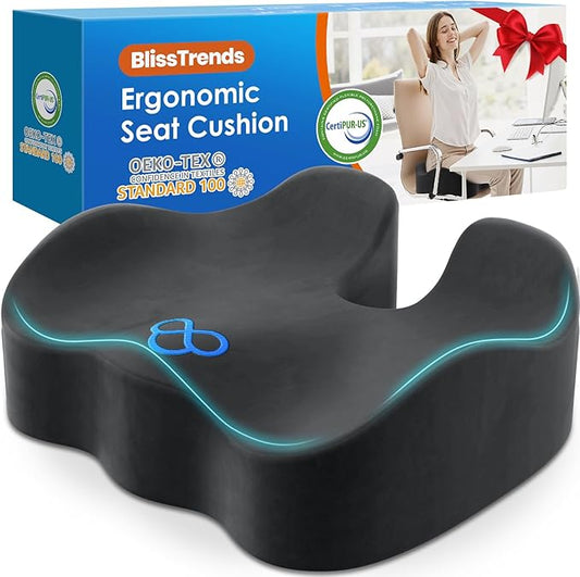 BlissTrends Seat Cushion,5.2in Thick Memory Foam Cushions for Office Chair, Car Seat, Airplane, Relieving Pressure Tailbone Sciatica Back Pain for Long Sitting Office Workers, Car Drivers Grey