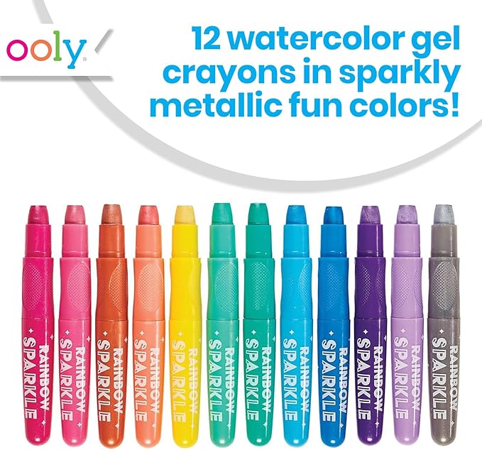 Ooly Rainbow Sparkle Metallic Watercolor Gel Crayons, Set of 12, Glitter Gel Markers for Kids and Toddlers, Colorful Twistable Crayons for Drawing - Metallic