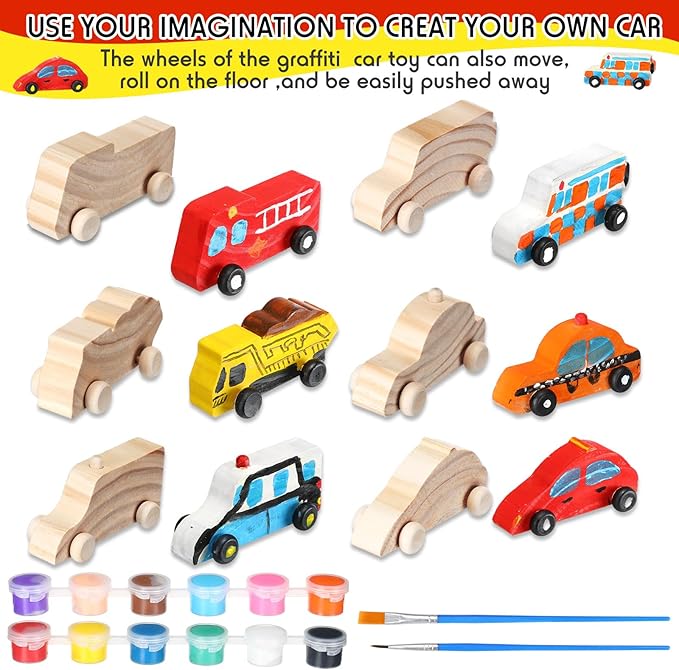 Lenwen 6 Pcs Large Unfinished Wooden Car to Paint 4'' Wood DIY Car Toys and 12 Color Acrylic Paint Set for Student Easy Woodworking Set Family Activities Arts and Crafts Kit