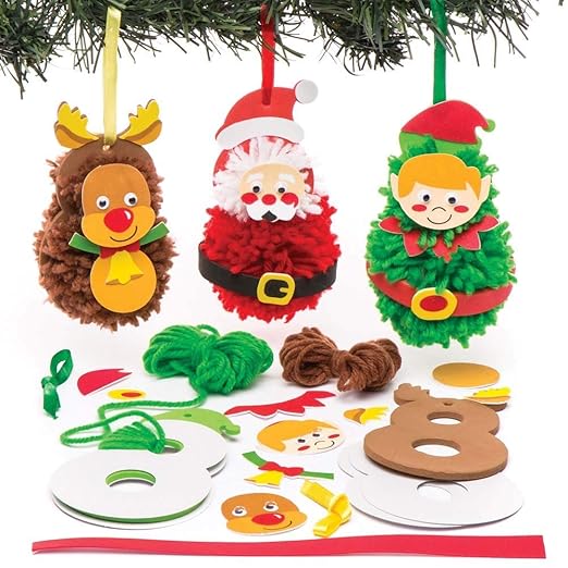 Baker Ross AR752 Christmas Pom Poms Ornament - Pack of 3, Creative Christmas Art and Craft Supplies for Kids to Make and Decorate