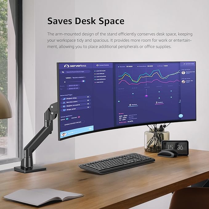 Heavy Duty Monitor Arm Aluminum Single Gas Spring Monitor Arm Suit for Flat/Ultrawide/Cruved Screen 34-49 inch and New 57 inches Screen Weight Capacity up to 44lbs，Black