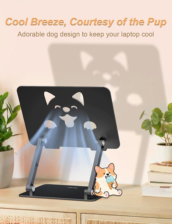 Aluminum Laptop Stand for Desk, Height-Adjustable Riser, Sturdy Ergonomic Holder with Puppy Shaped Vents for Heat Dissipation, Fits 10"-17.3" MacBook Air/Pro, Dell, HP, Lenovo, Black