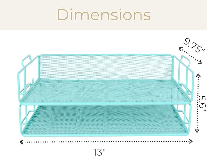 BLU MONACO Aqua Mesh Paper Tray Set of 2 | Stackable Letter Trays for Desk Storage | Metal Document Holder and File Organizer for Home, Office and School | 13” x 9.8” x 5.6” Workspace Organizer