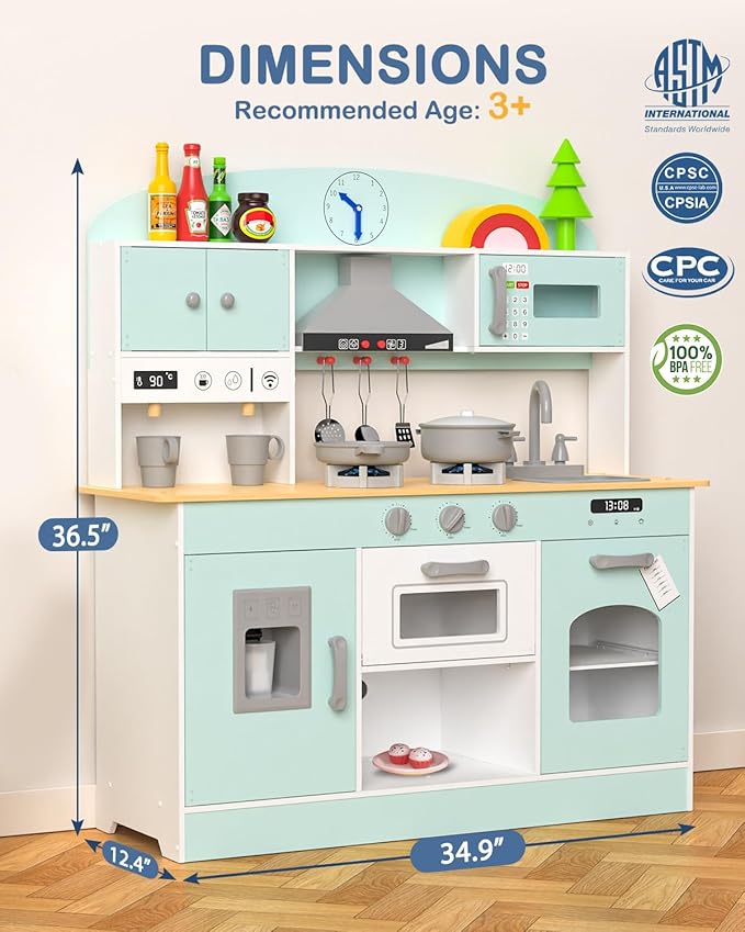 Babytronic Wooden Play Kitchen Set, Pretend Play Kitchen with Lights and Sounds for Kids Ages 3+, Includes Stove, Oven, Microwave, Coffee Maker, and Accessories, Toy Kitchen Set for Toddlers (Blue)