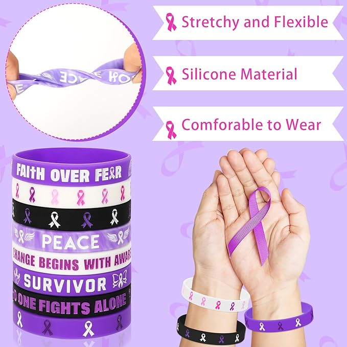 JUNEBRUSHS 42pcs Purple Ribbon Awareness Accessories Silicone Bracelets Hope Faith Courage Wristbands for Lupus Domestic Violence Epilepsy Pancreatic Cancer Alzheimers Awareness Party Supplies