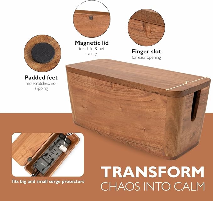 Extra Large Cable Management Box - Acacia Wood - Cable Organizer Box and Power Strip Box for Electrical Cord Management - Hide Desk Cord and Floor Cables - Wire Storage and Organization for Cords