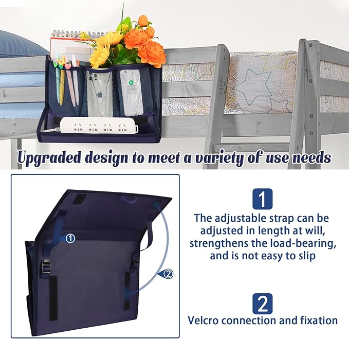 Bedside Storage Organizer with Power Strip Holder and Adjustable Straps Bed Hanging Bag for Home Bunk Bed Dorm Sofa (Navy Blue)