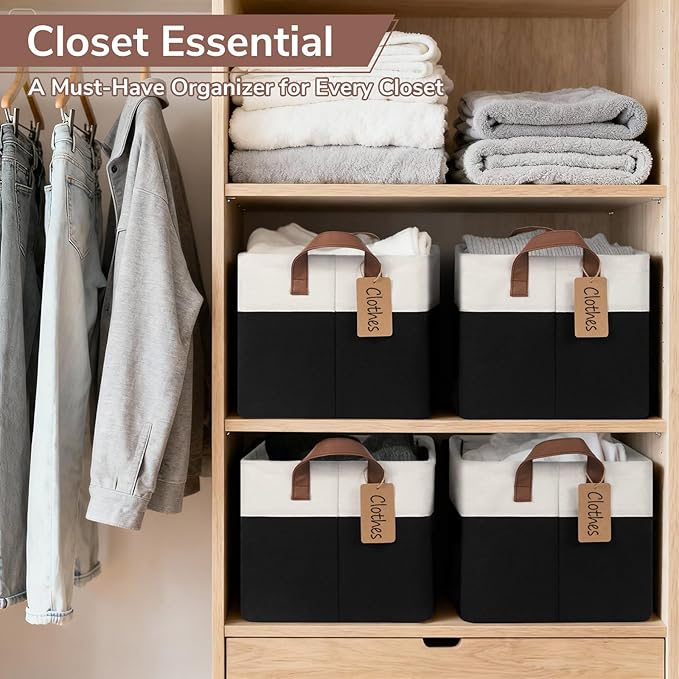 CHICVITA 4 Pack Large Storage Baskets for Shelves, Collapsible Fabric Storage Bins with Metal Frame Handles, Decorative Closet Organizers Bins for Toys, 16.8" x 11" x 9.8", Black & White