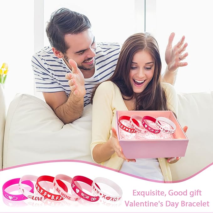 JUNEBRUSHS 24pcs Valentine's Day Party Favors Silicone Bracelets Red Pink Love Heart Wristbands for Kids Adults Valentine's Day Party Decorations Gift (6 Designs)