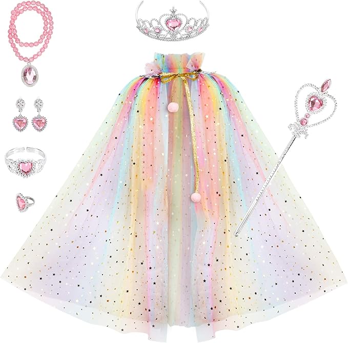 Fedio Princess Cape Set 7 Pieces Girls Princess Cloak with Tiara Crown, Wand for Little Girls Dress up (Rainbow)