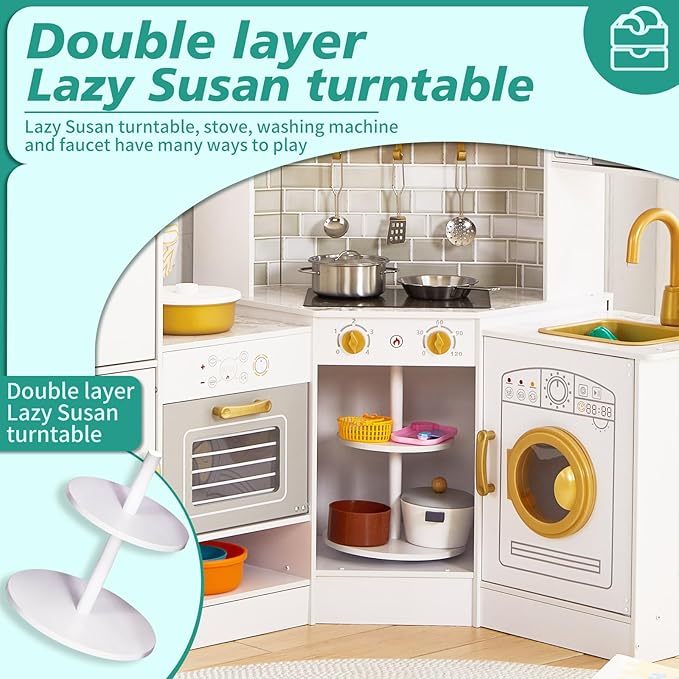 Kids Corner Play Kitchen Set, Wooden Pretend Play Kitchen with Metal Utensils Accessories, Fridge, Sink, Burner, Laundry Playset, Microwave Oven, Cake Turntable, Gifts for Ages 3-8