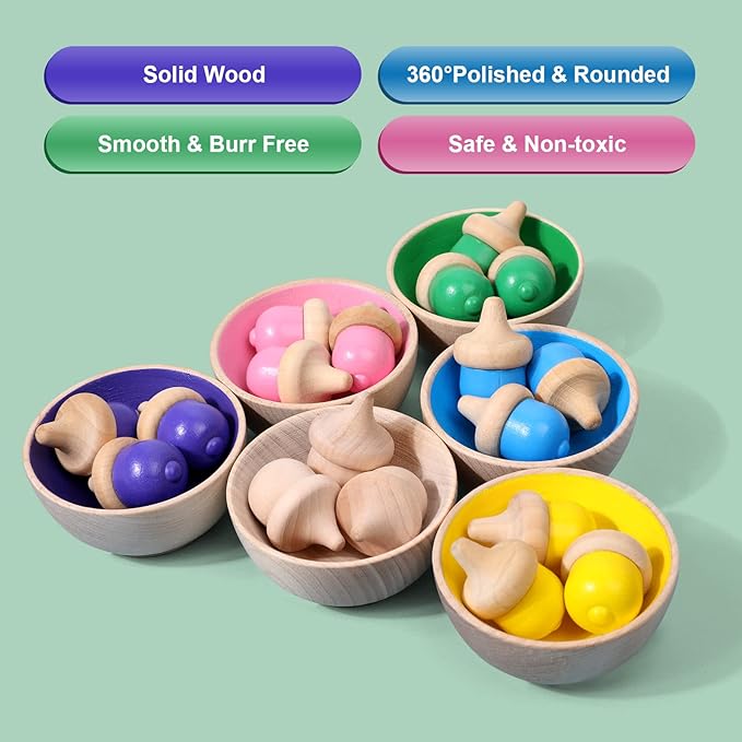 WODI Wooden Color Sorting Toys for Toddlers 3+ Rainbow Counting Acorns with Matching Sorting Cups Montessori Toys for 3+ Year Old Preschool Learning Activities for Sensory Training