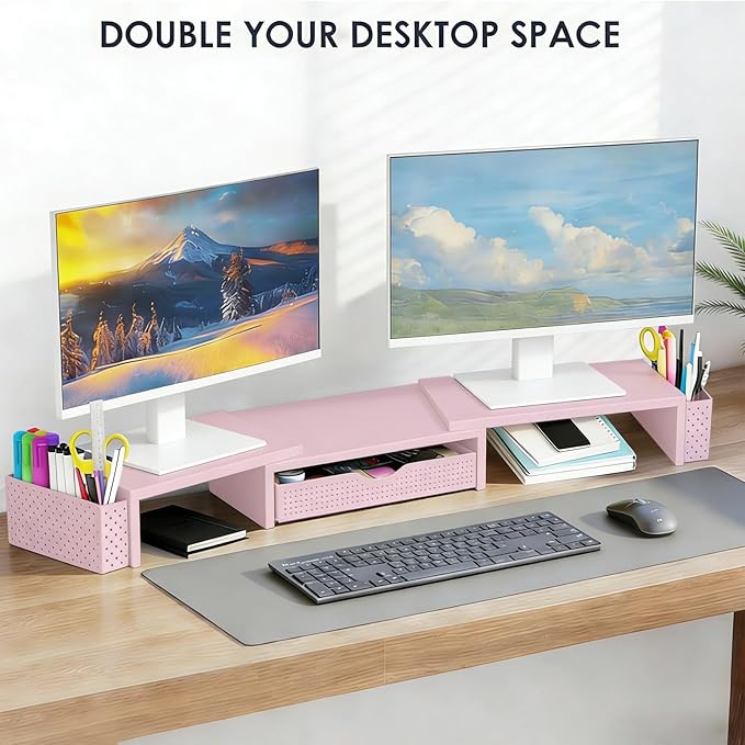 Spacrea Metal Desk Organizers and Accessories, Dual Monitor Stand Riser with Drawer and 2 Pen Holders, Desk Accessories & Workspace Desktop Organizers for Office Supplies (Pink)