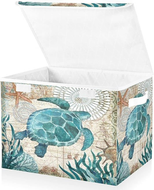 senya Large Storage Bins with Linen Collapsible Foldable Storage Cubes Fabric Closet Organizer Containers box with Flip-Top Lid for Home Bedroom Office 16.7 x 12.6 x 11.8in (Sea Turtle)