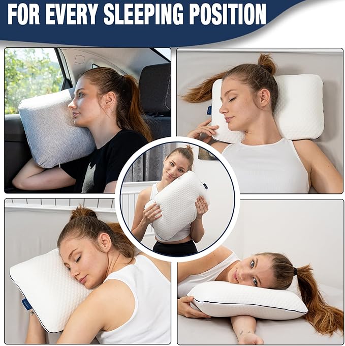 alkamto Travel & Camping Comfortable Memory Foam Pillow – Easy to Carry Portable Bag – Temperature Regulating Pillow Case (White + Extra Cover)