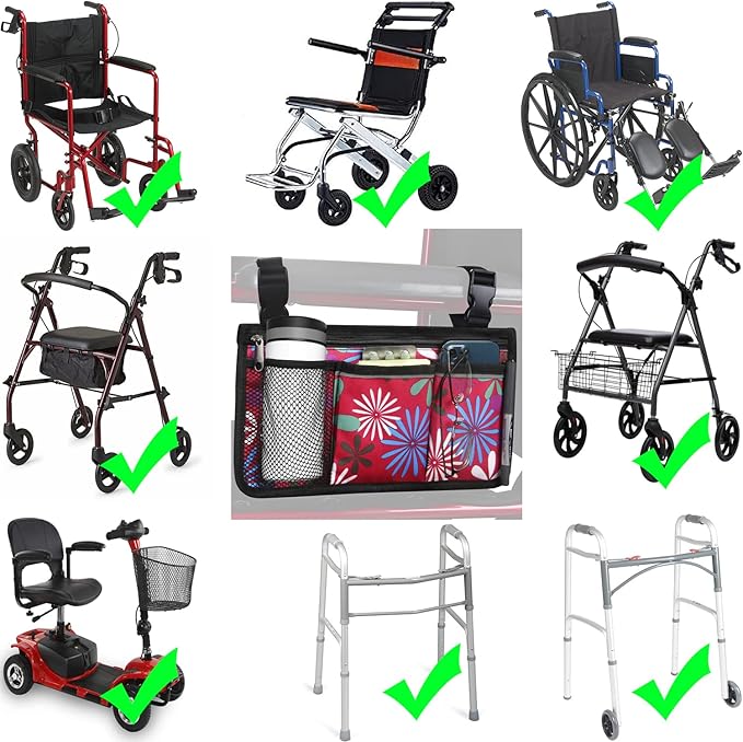 Wheelchair Side Bag, Upgrade Flower Color Wheelchair Armrest Storage Pouch with Cup Holder and Reflective Strip Made with Waterproof Fabric, for Most Wheelchairs, Walkers and Rollators (Red Fireworks)