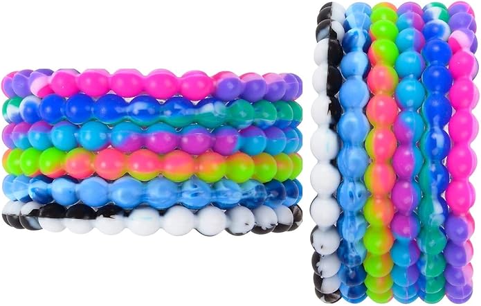 Colorful Tie Dye Bead Rubber Bracelets (Pack) 8". Great Kids and Small Adults. Perfect for party Favors, Carnival Prizes, Goodie bags, Fundraisers, Giveaways, etc.