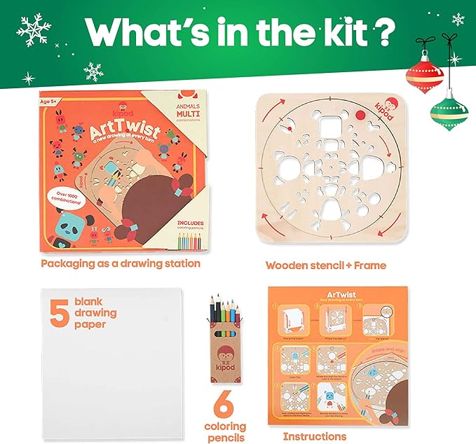 ArtTwist Drawing Stencils Kit for Kids – Rotating Wooden Spin Art with 6 Colored Pencils and 5 White Papers – Montessori Arts and Crafts Gift - Set for Boys and Girls Ages 5-12