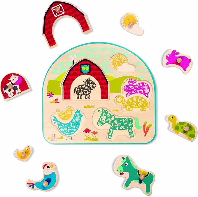B. Toys- 4 Wooden Peg Puzzles- Dinosaurs, Sea Animals, Vehicles, Farm – Puzzles for Toddlers, Kids – 18 Months +