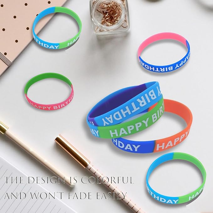 48 Pieces Rubber Bracelets for Happy Birthday Gift Silicone Stretch Wristbands Colored Silicone Bracelets for Birthday Party Supplies (Mixed)