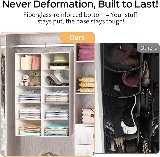 ALLTIDYUP White 5-Tier Hanging Closet Storage Organizer - Space-Saving Dual-Row Foldable Shelves with 3 Hooks, Wardrobe Organizer for Dorm, Bedroom, Clothes and Accessories