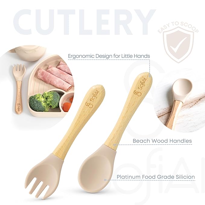 All In One Silicone Baby Feeding Set By SofiAl - Safe for 6-12 Months - Non-Toxic Baby Led Weaning Supplies - Toddler Self Feeding Utensils - BPA-Free - Mess Free Baby Feeding Essentials