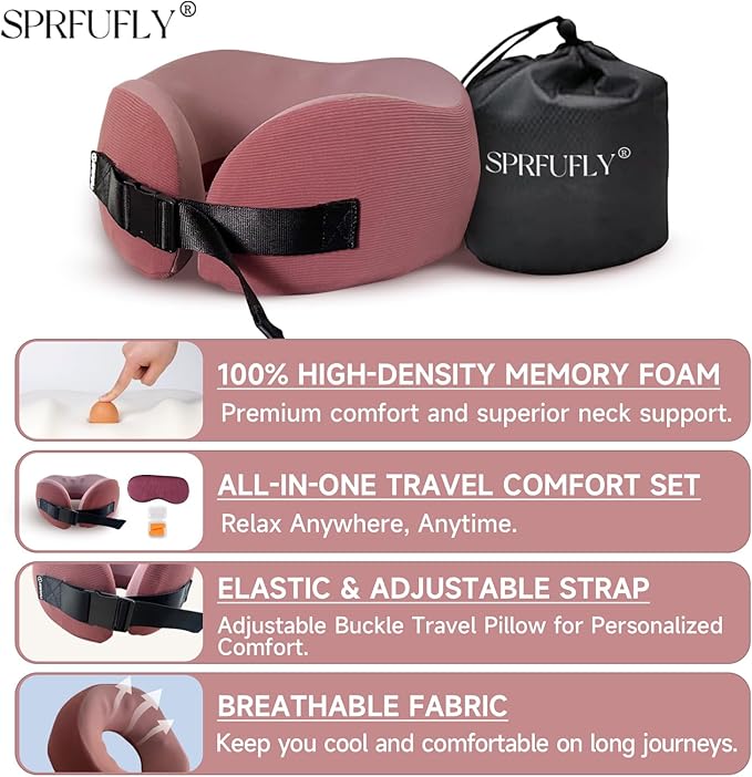 SPRFUFLY Super Soft Travel Pillow, 100% Memory Airplane Pillow with Sleep Mask and Ear Plugs, Breathable Removable Cover & Ergonomic Design - Essentials Neck Pillow for Airplane, Office & Home Use